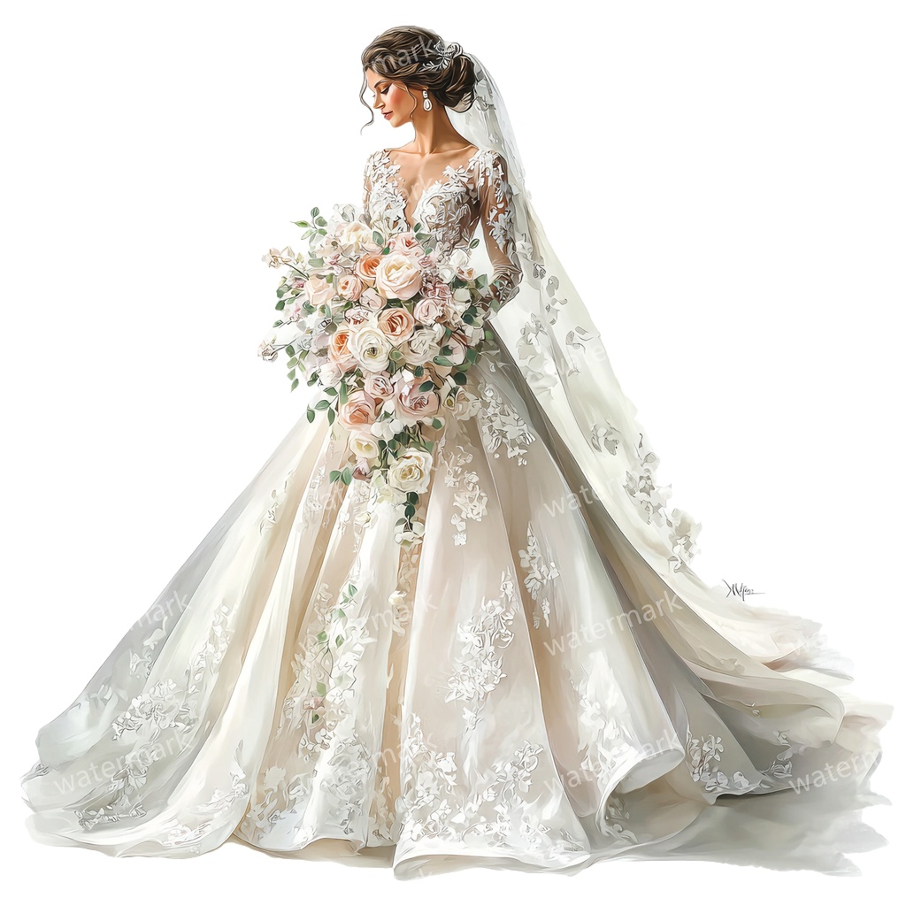 【商用利用可】ウェディング花嫁(水彩ブライド)クリップアート16点セット|高解像度・透過PNG|結婚式・ロマンチック人物素材|コラージュ・ジャンクジャーナル素材|即ダウンロード