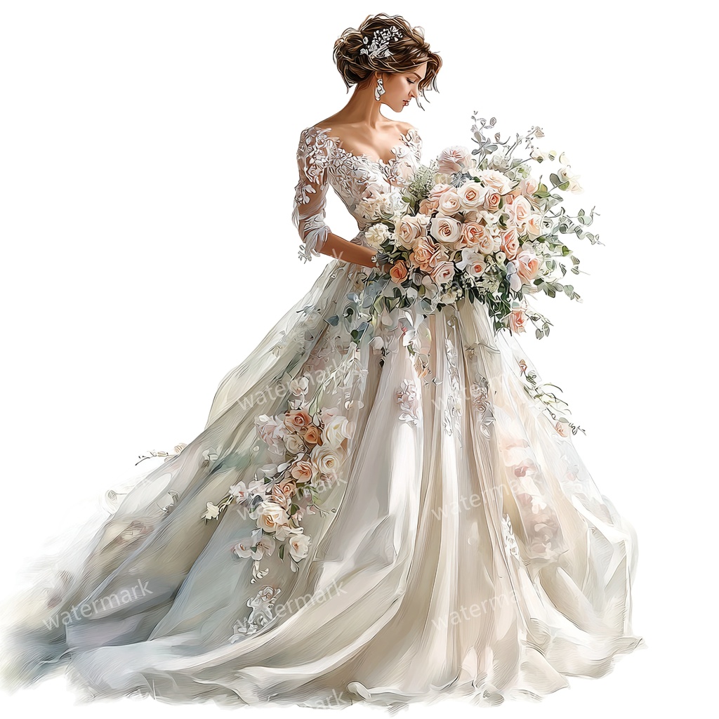 【商用利用可】ウェディング花嫁(水彩ブライド)クリップアート16点セット|高解像度・透過PNG|結婚式・ロマンチック人物素材|コラージュ・ジャンクジャーナル素材|即ダウンロード