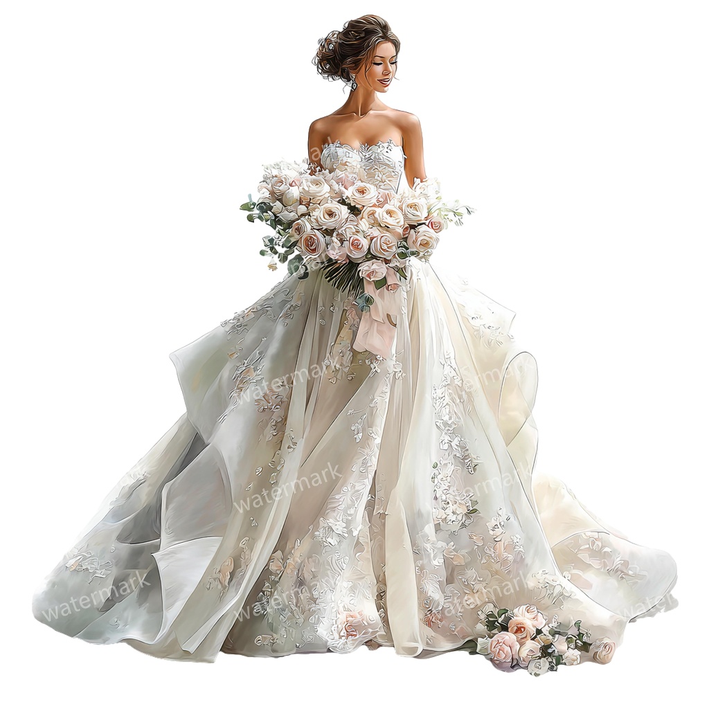 【商用利用可】ウェディング花嫁(水彩ブライド)クリップアート16点セット|高解像度・透過PNG|結婚式・ロマンチック人物素材|コラージュ・ジャンクジャーナル素材|即ダウンロード