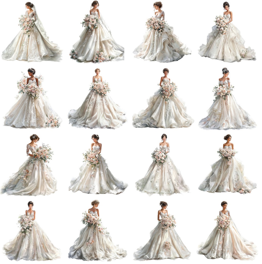 【商用利用可】ウェディング花嫁(水彩ブライド)クリップアート16点セット|高解像度・透過PNG|結婚式・ロマンチック人物素材|コラージュ・ジャンクジャーナル素材|即ダウンロード