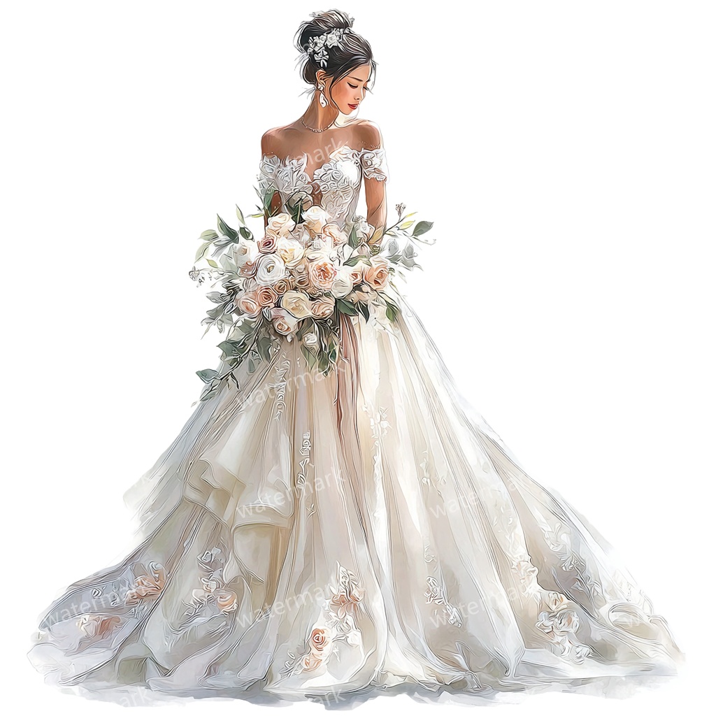 【商用利用可】ウェディング花嫁(水彩ブライド)クリップアート16点セット|高解像度・透過PNG|結婚式・ロマンチック人物素材|コラージュ・ジャンクジャーナル素材|即ダウンロード