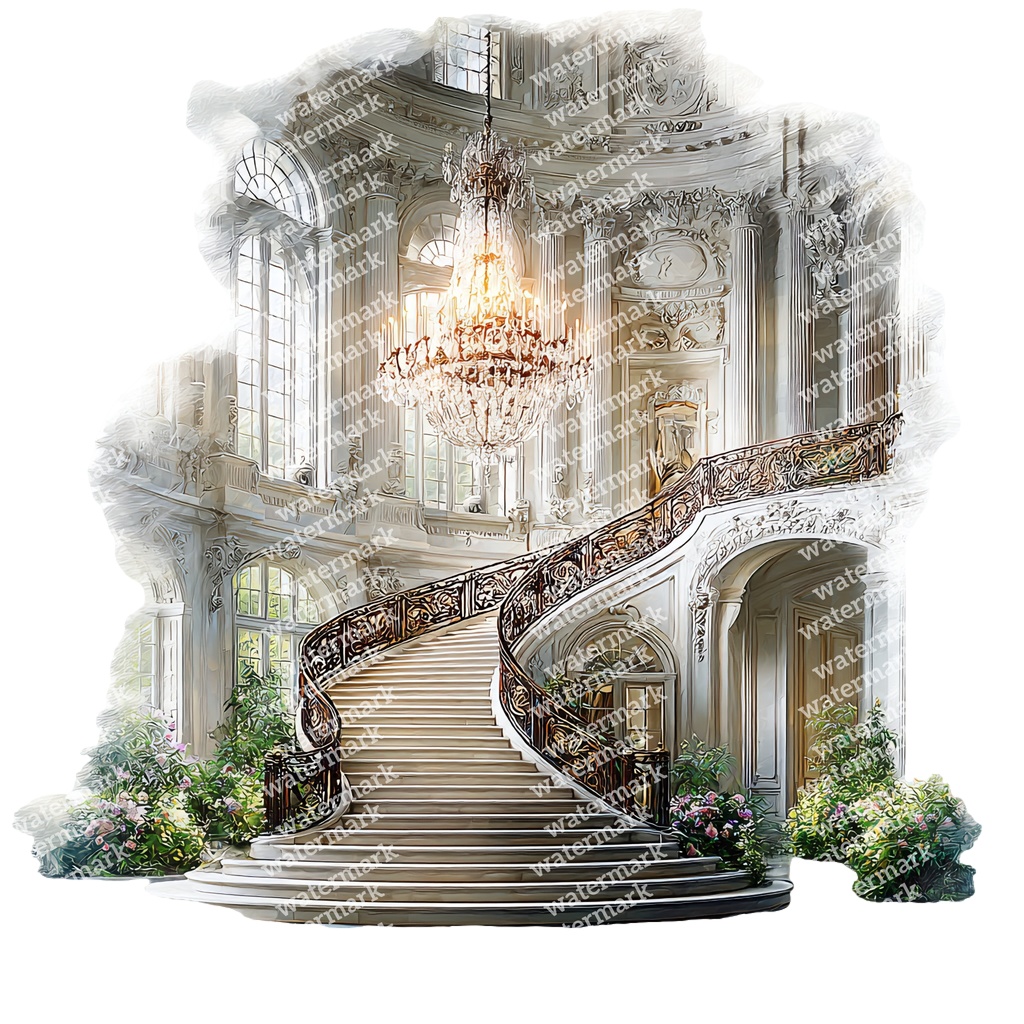 【商用利用可】宮殿インテリア(水彩パレスルーム)クリップアート18点セット|高解像度・透過PNG|豪華室内・ヨーロピアン装飾素材|コラージュ・ジャンクジャーナル素材|即ダウンロード