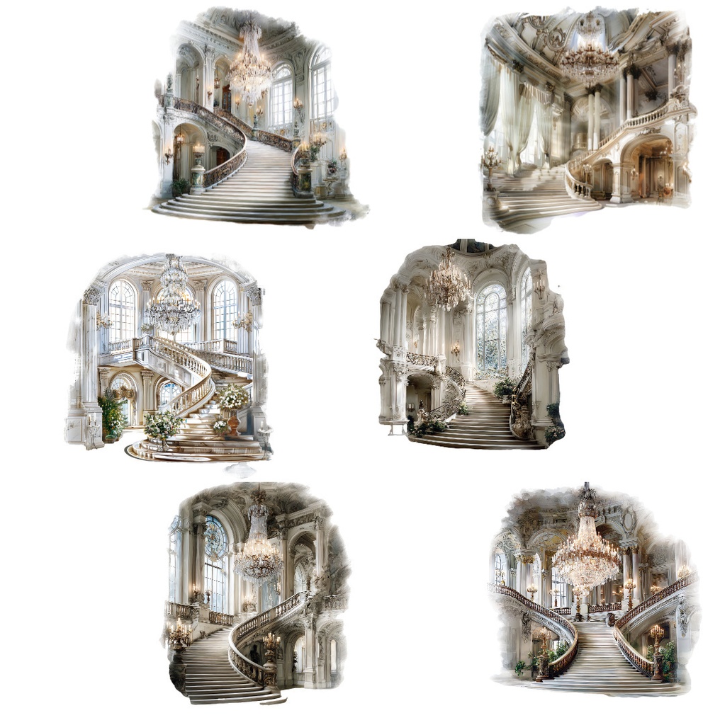 【商用利用可】宮殿インテリア(水彩パレスルーム)クリップアート18点セット|高解像度・透過PNG|豪華室内・ヨーロピアン装飾素材|コラージュ・ジャンクジャーナル素材|即ダウンロード