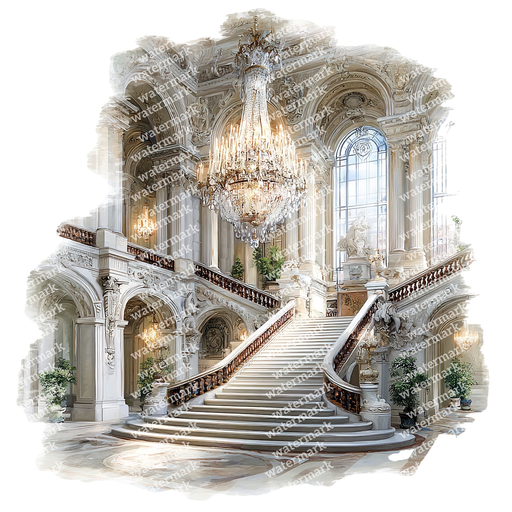 【商用利用可】宮殿インテリア(水彩パレスルーム)クリップアート18点セット|高解像度・透過PNG|豪華室内・ヨーロピアン装飾素材|コラージュ・ジャンクジャーナル素材|即ダウンロード