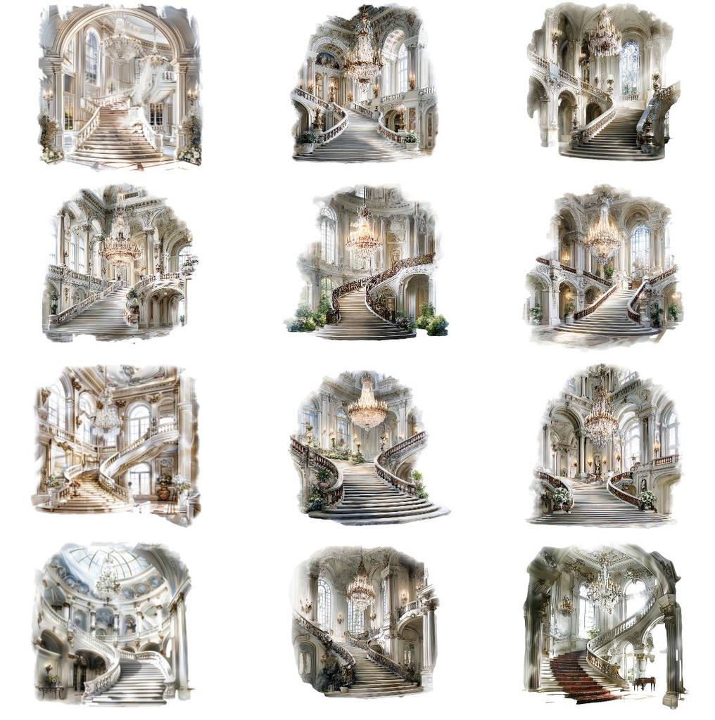 【商用利用可】宮殿インテリア(水彩パレスルーム)クリップアート18点セット|高解像度・透過PNG|豪華室内・ヨーロピアン装飾素材|コラージュ・ジャンクジャーナル素材|即ダウンロード