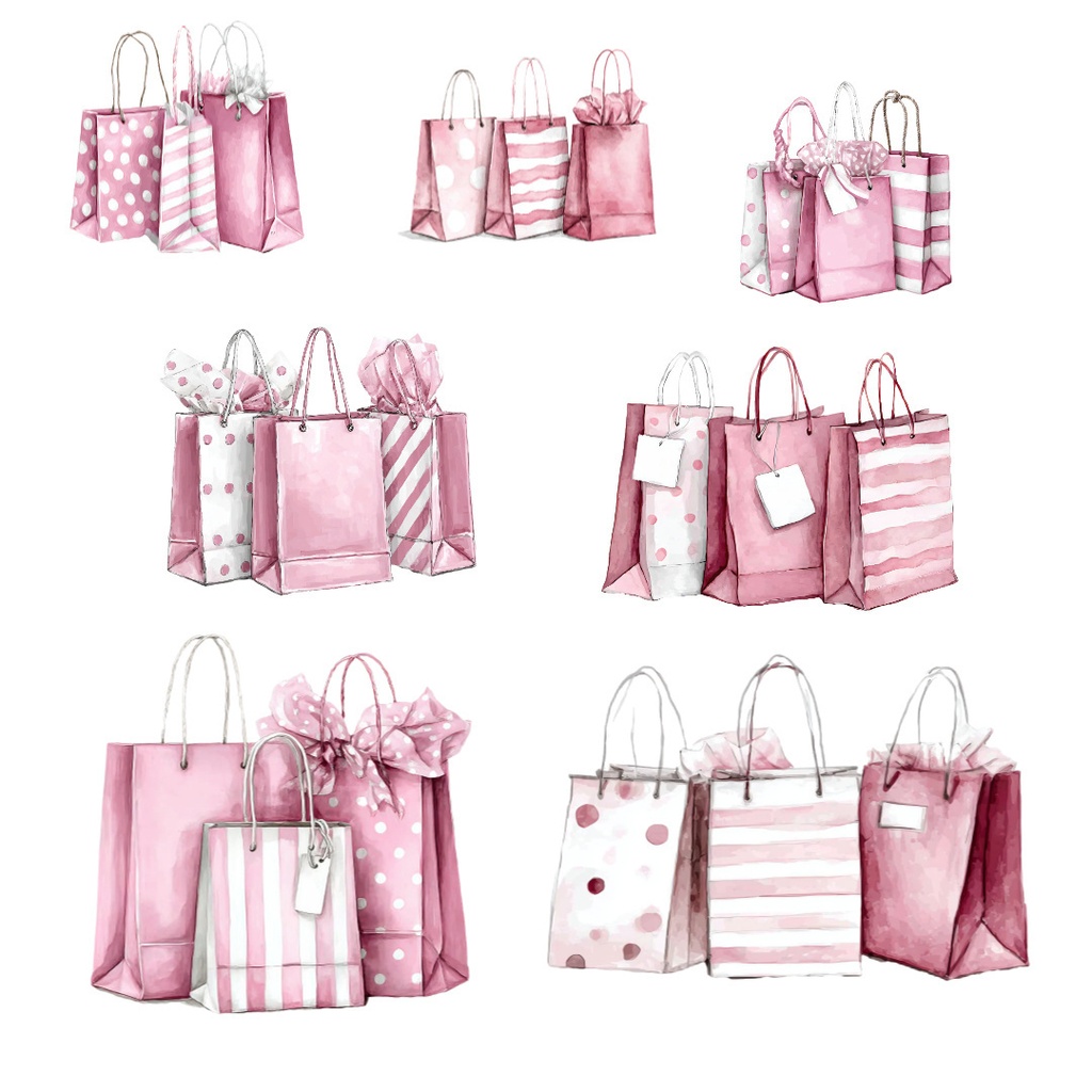 【商用利用可】ショッピングバッグ水彩クリップアート19点セット|高解像度・透過PNG|デジタルダウンロード|ペーパークラフト・ジャンクジャーナル素材