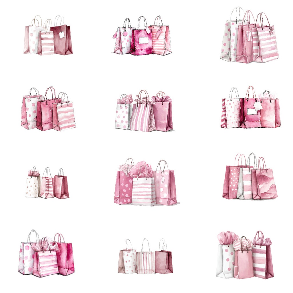 【商用利用可】ショッピングバッグ水彩クリップアート19点セット|高解像度・透過PNG|デジタルダウンロード|ペーパークラフト・ジャンクジャーナル素材