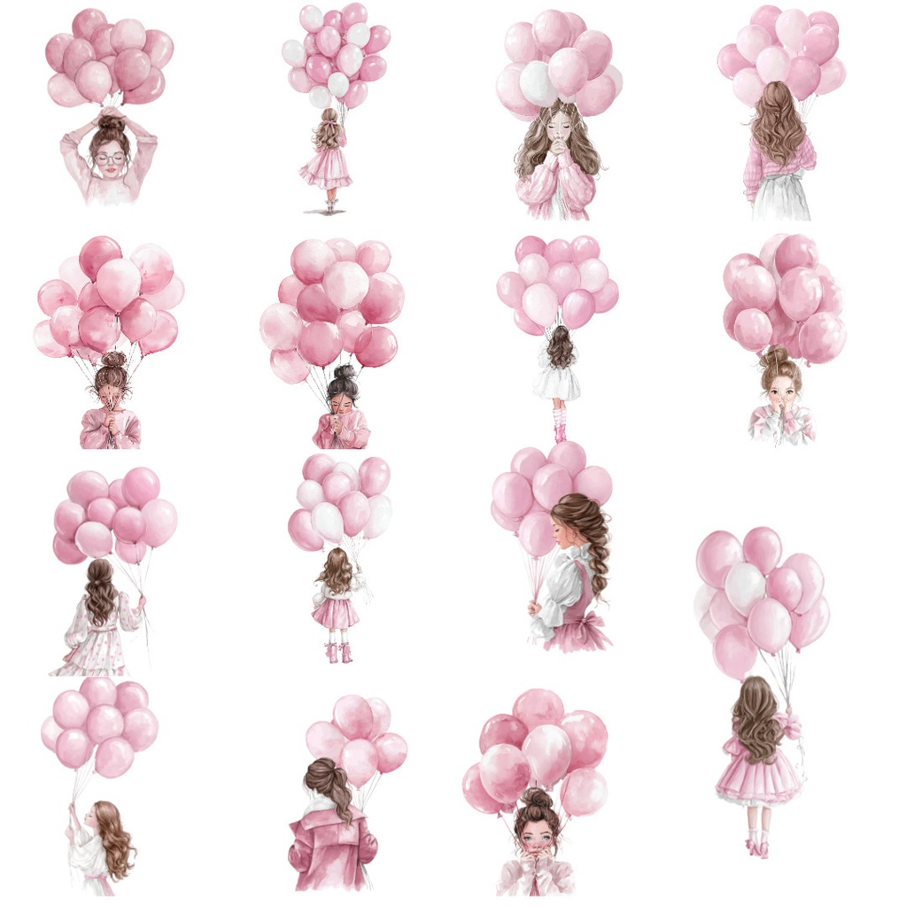 【商用利用可】女の子とバルーンの水彩クリップアート15点セット|高解像度・透過PNG|デジタルダウンロード|ペーパークラフト・ジャンクジャーナル素材
