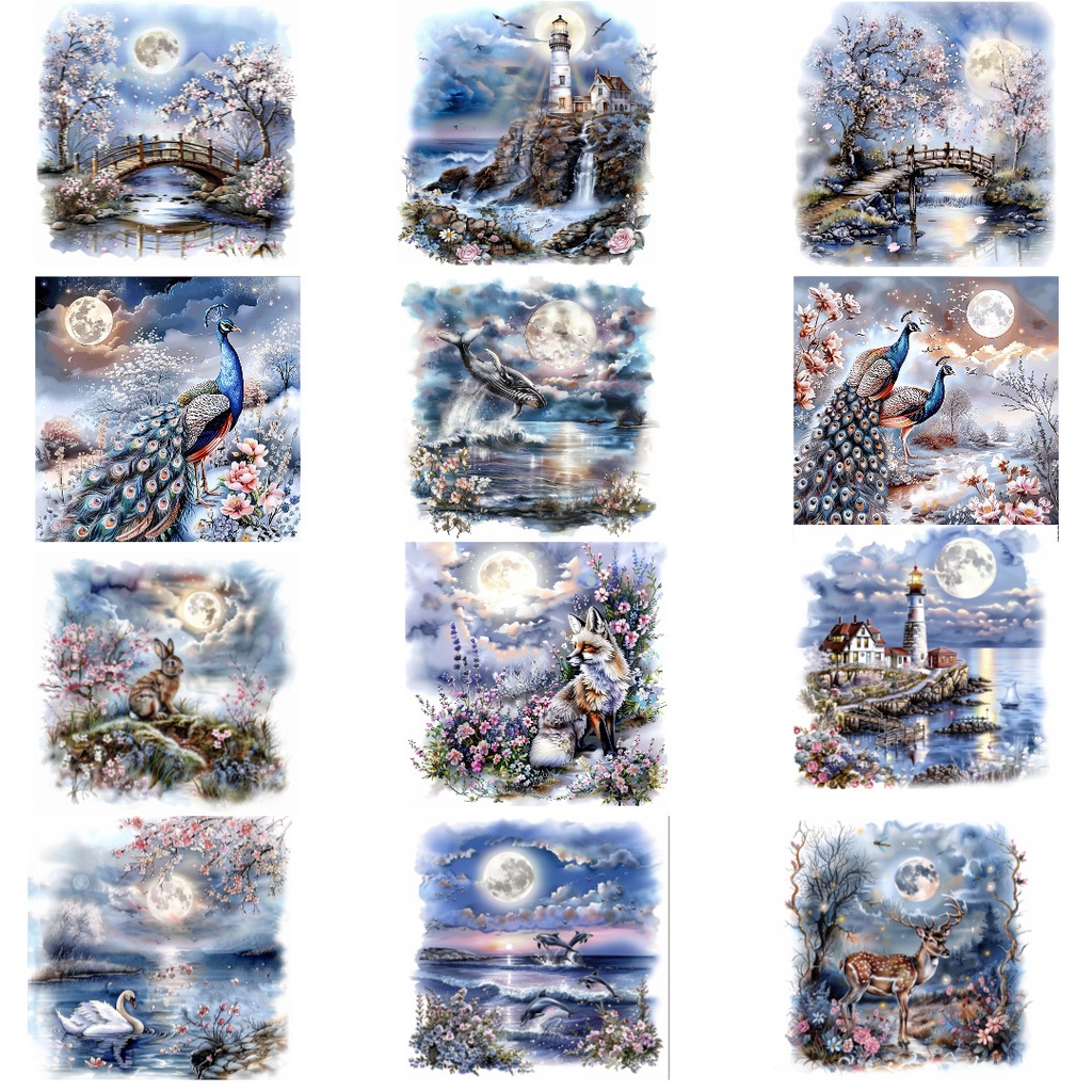 【商用利用可】春の夜の水彩クリップアート20点セット|高解像度JPG|デジタルダウンロード|幻想的・ペーパークラフト・ジャンクジャーナル素材