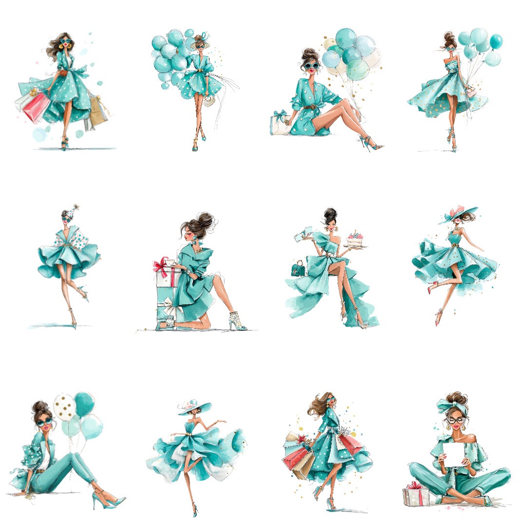 【商用利用可】お祝いを楽しむ女性たちの水彩クリップアート36点セット|高解像度・透過PNG|パーティー素材・ペーパークラフト・ジャンクジャーナル素材