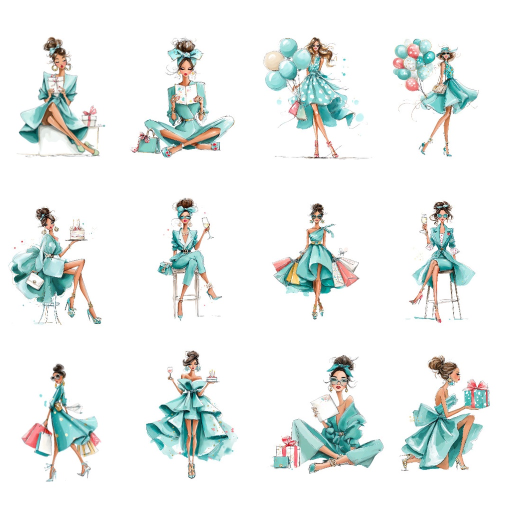 【商用利用可】お祝いを楽しむ女性たちの水彩クリップアート36点セット|高解像度・透過PNG|パーティー素材・ペーパークラフト・ジャンクジャーナル素材