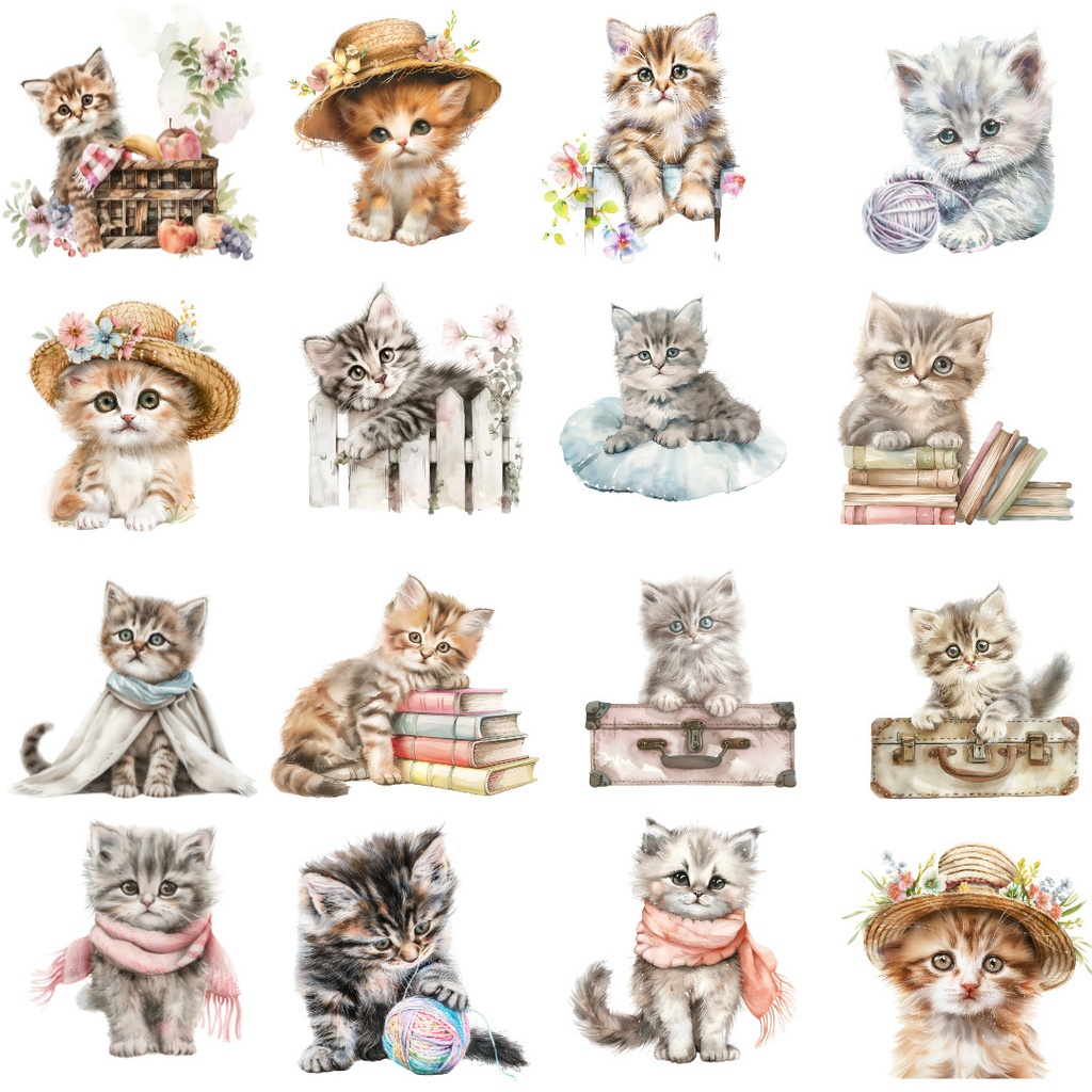 【商用利用可】かわいい子猫の水彩クリップアート26点セット|高解像度・透過PNG|猫素材・ペーパークラフト・ジャンクジャーナル素材