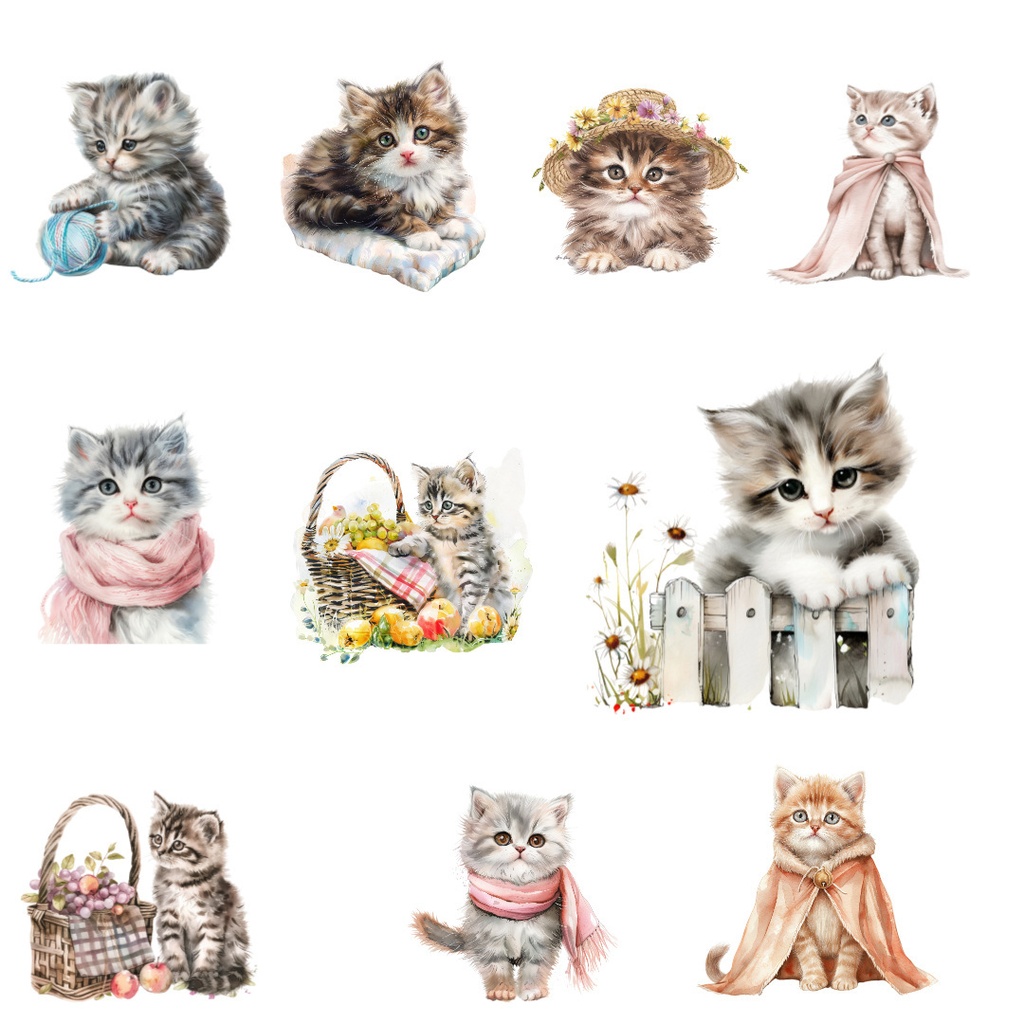 【商用利用可】かわいい子猫の水彩クリップアート26点セット|高解像度・透過PNG|猫素材・ペーパークラフト・ジャンクジャーナル素材