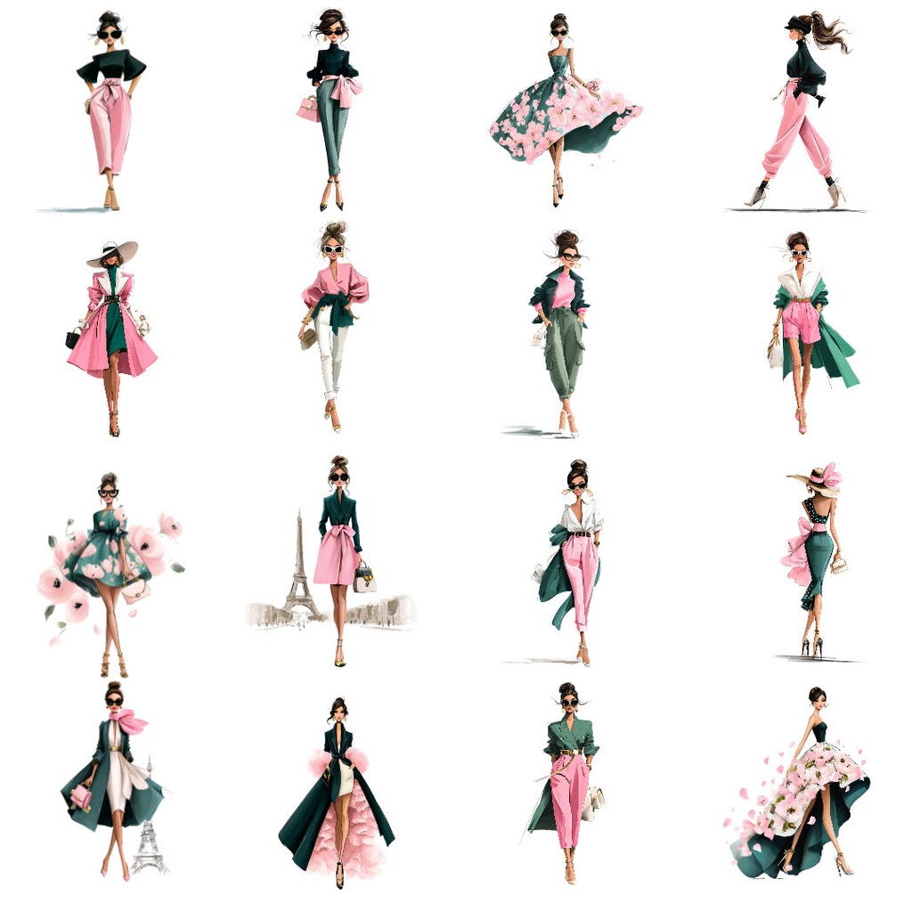 【商用利用可】おしゃれな女性の水彩クリップアート39点セット|高解像度・透過PNG|ファッションイラスト・ペーパークラフト・ジャンクジャーナル素材
