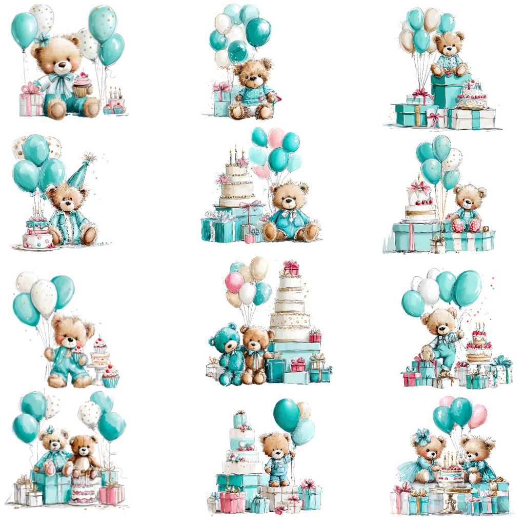 【商用利用可】テディベアのバースデー水彩クリップアート17点セット|高解像度・透過PNG|誕生日素材・ペーパークラフト・ジャンクジャーナル素材