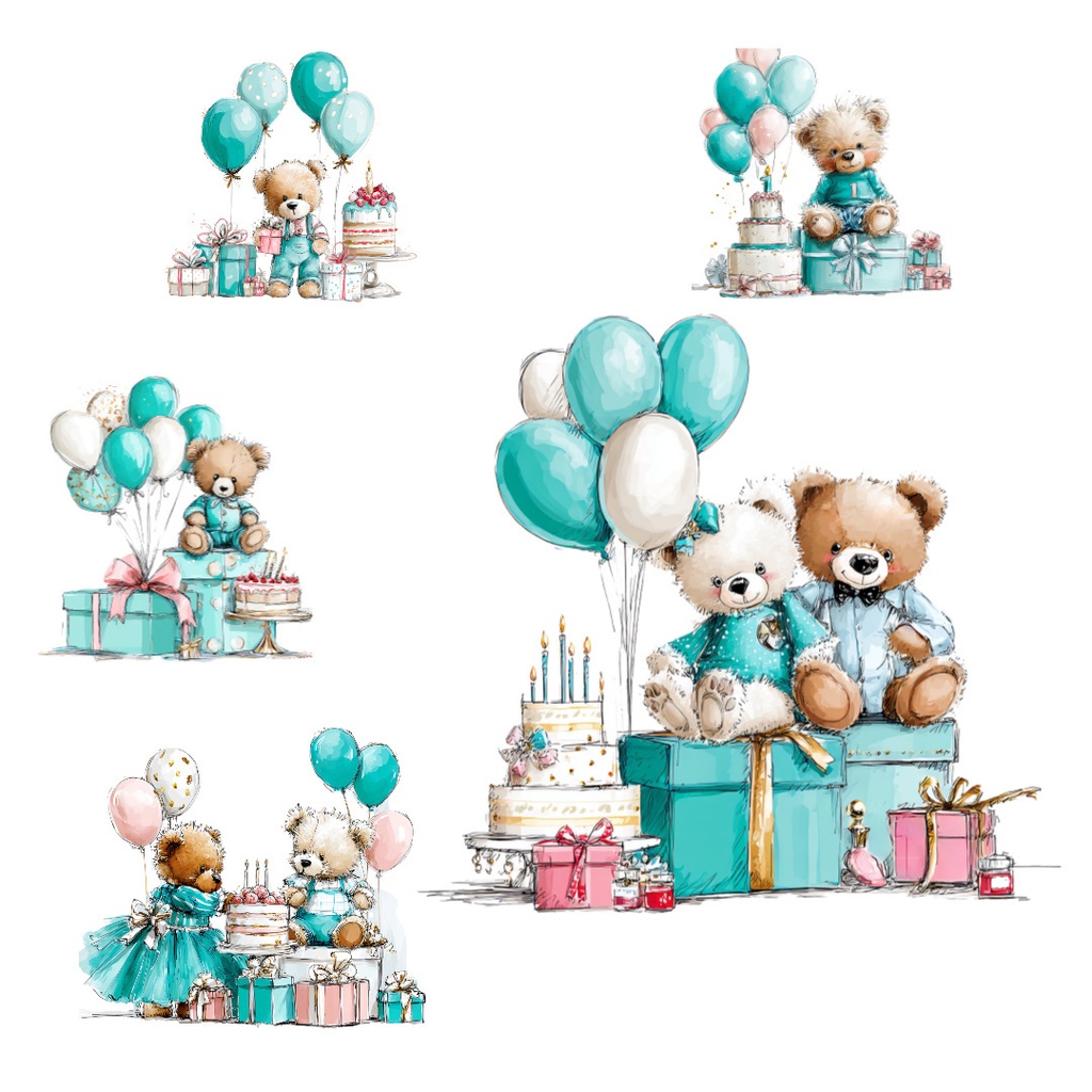 【商用利用可】テディベアのバースデー水彩クリップアート17点セット|高解像度・透過PNG|誕生日素材・ペーパークラフト・ジャンクジャーナル素材