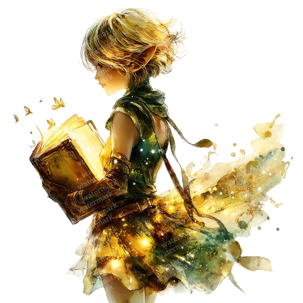 【商用利用可】エルフの女の子の水彩クリップアート18点セット|高解像度・透過PNG|ファンタジー素材・ペーパークラフト・ジャンクジャーナル素材