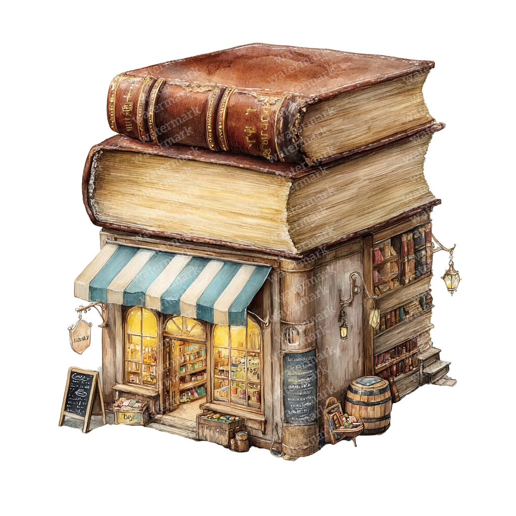 【商用利用可】本屋さんの水彩クリップアート19点セット|高解像度・透過PNG|ブックショップ素材・ペーパークラフト・ジャンクジャーナル素材
