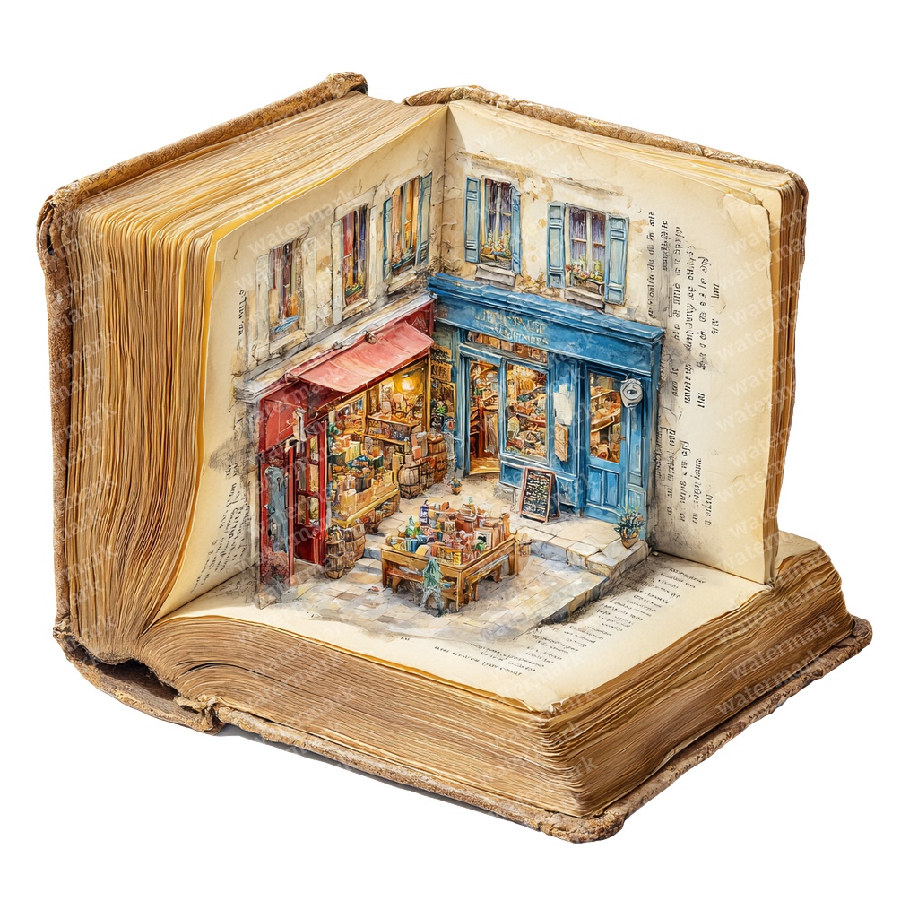 【商用利用可】本屋さんの水彩クリップアート19点セット|高解像度・透過PNG|ブックショップ素材・ペーパークラフト・ジャンクジャーナル素材