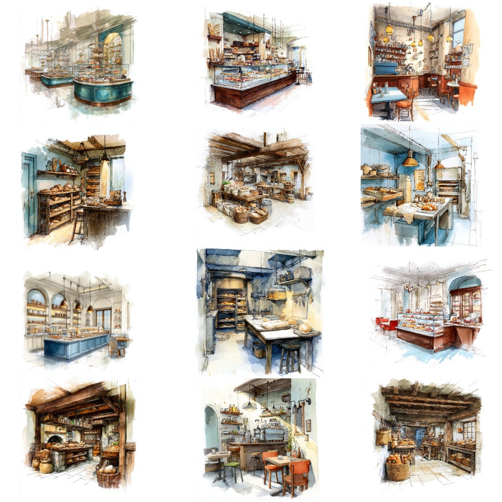 【商用利用可】ベーカリーインテリアの水彩クリップアート38点セット|高解像度JPG|パン屋素材・デジタルダウンロード|ペーパークラフト・ジャンクジャーナル素材