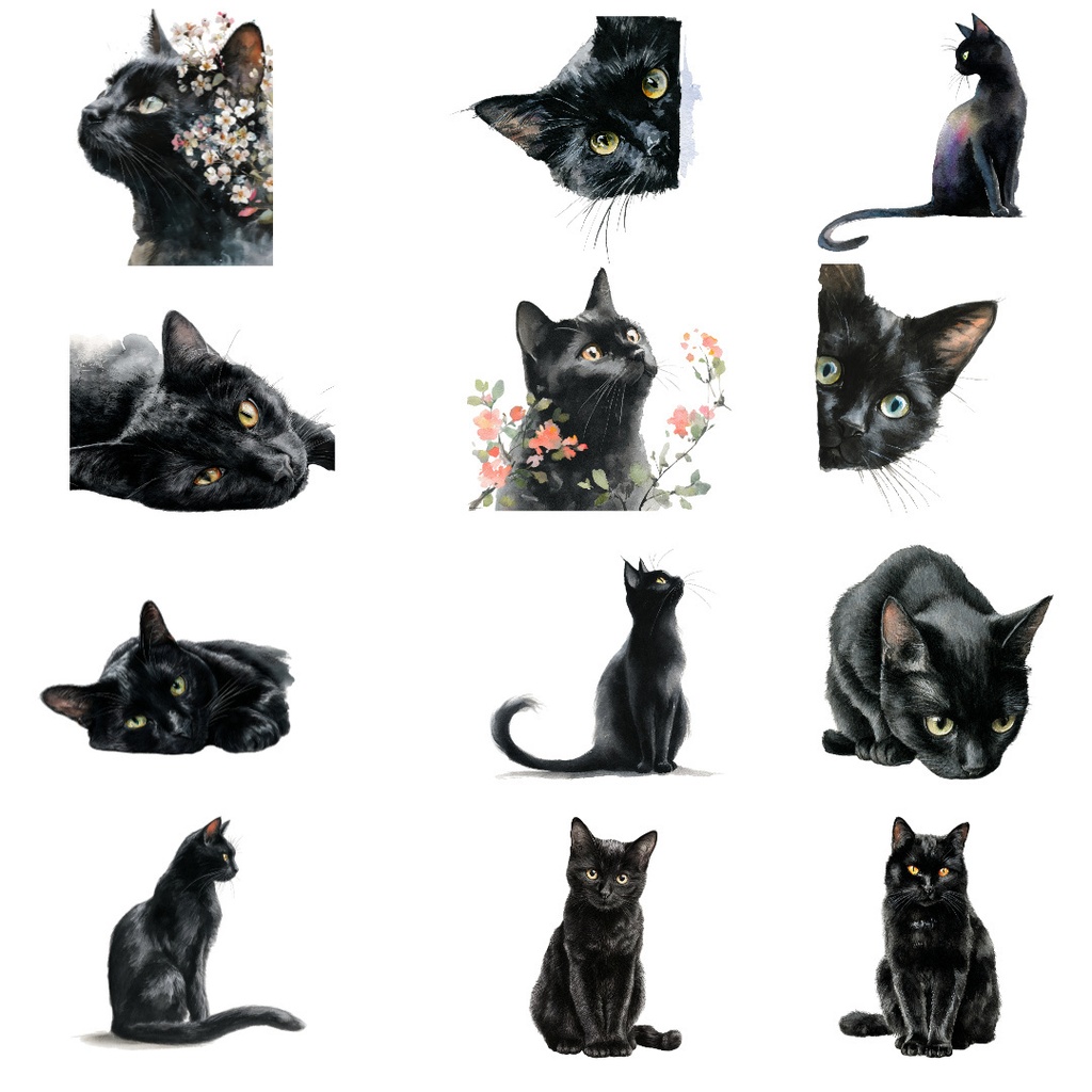 【商用利用可】黒猫の水彩クリップアート20点セット|高解像度・透過PNG|猫素材・ハロウィン・ペーパークラフト・ジャンクジャーナル素材