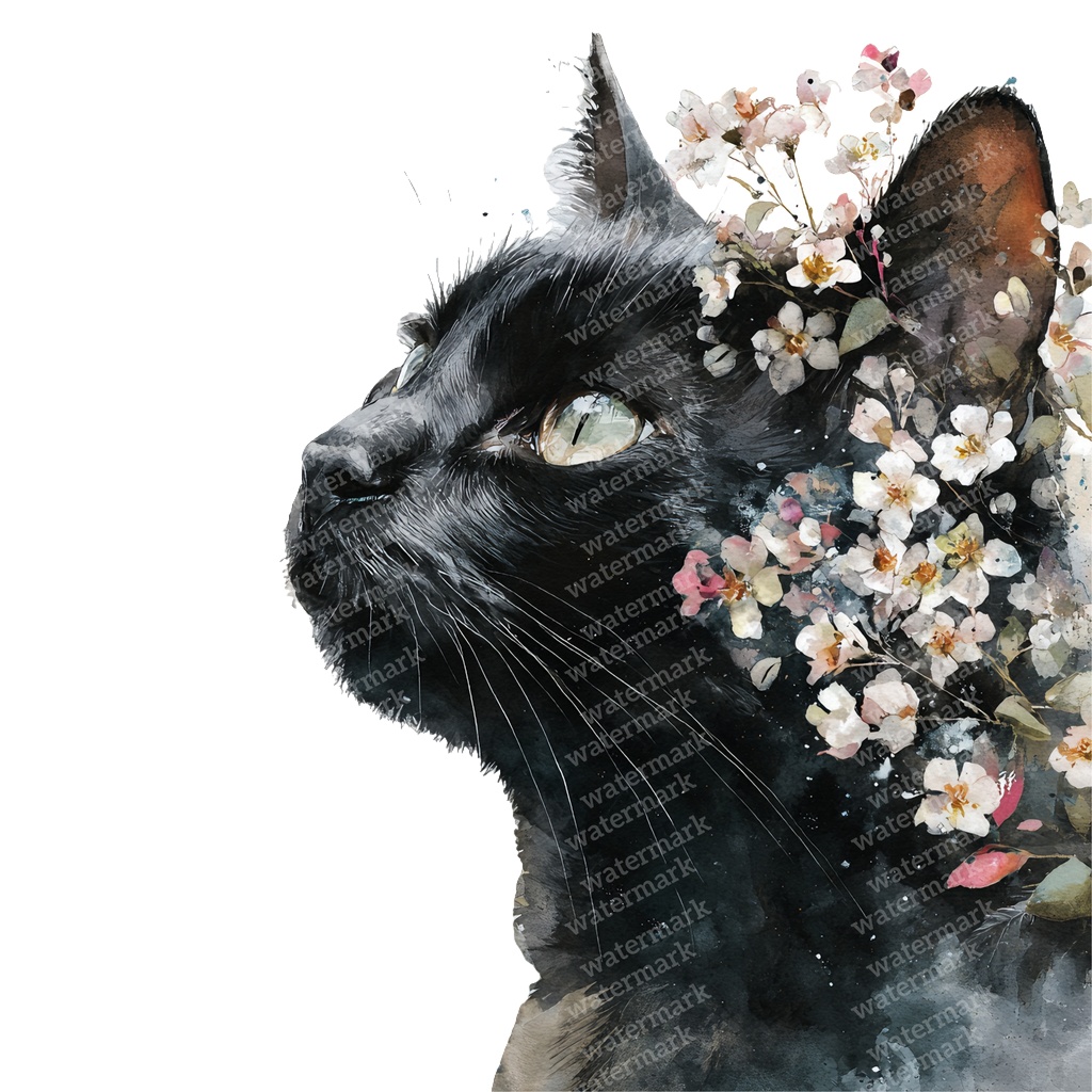 【商用利用可】黒猫の水彩クリップアート20点セット|高解像度・透過PNG|猫素材・ハロウィン・ペーパークラフト・ジャンクジャーナル素材