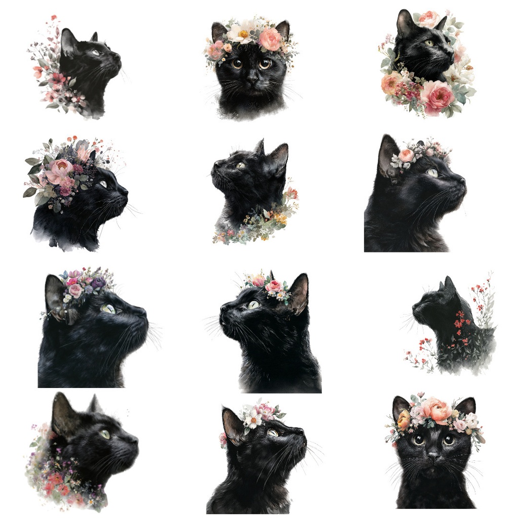 【商用利用可】黒猫の水彩クリップアート17点セット|高解像度・透過PNG|猫素材・ハロウィン・ペーパークラフト・ジャンクジャーナル素材