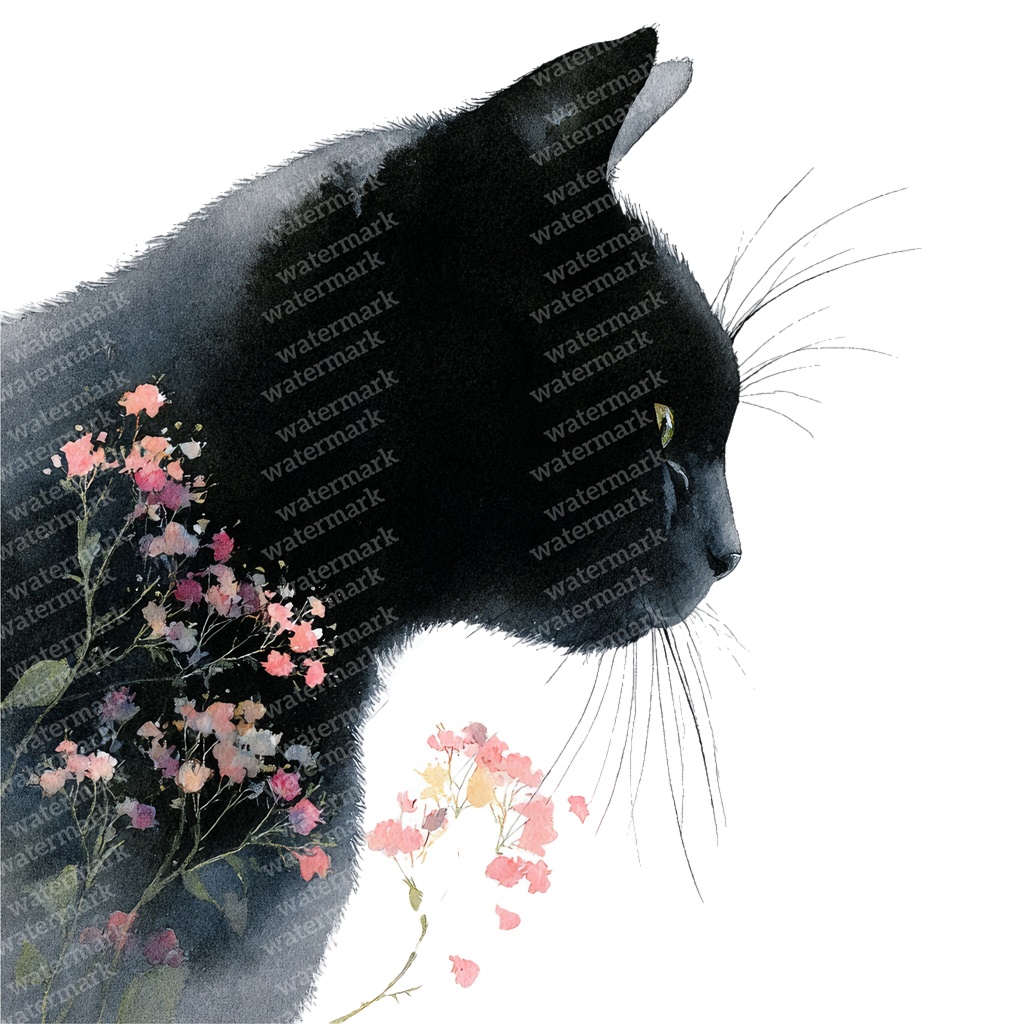 【商用利用可】黒猫の水彩クリップアート17点セット|高解像度・透過PNG|猫素材・ハロウィン・ペーパークラフト・ジャンクジャーナル素材