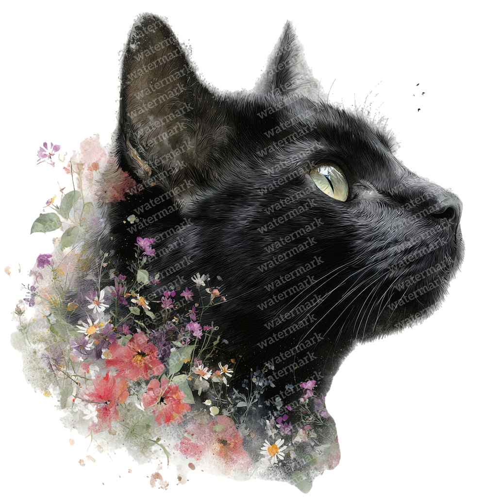 【商用利用可】黒猫の水彩クリップアート17点セット|高解像度・透過PNG|猫素材・ハロウィン・ペーパークラフト・ジャンクジャーナル素材
