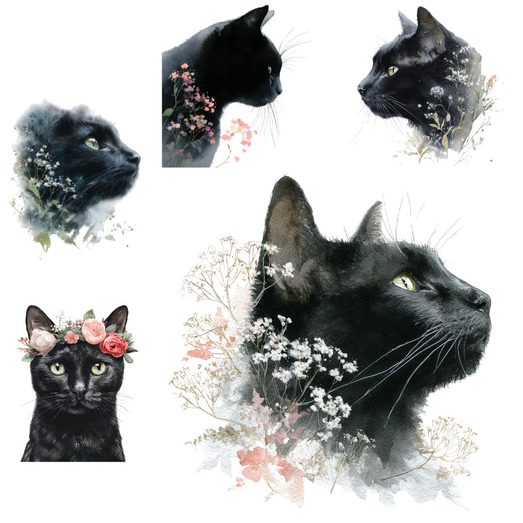 【商用利用可】黒猫の水彩クリップアート17点セット|高解像度・透過PNG|猫素材・ハロウィン・ペーパークラフト・ジャンクジャーナル素材