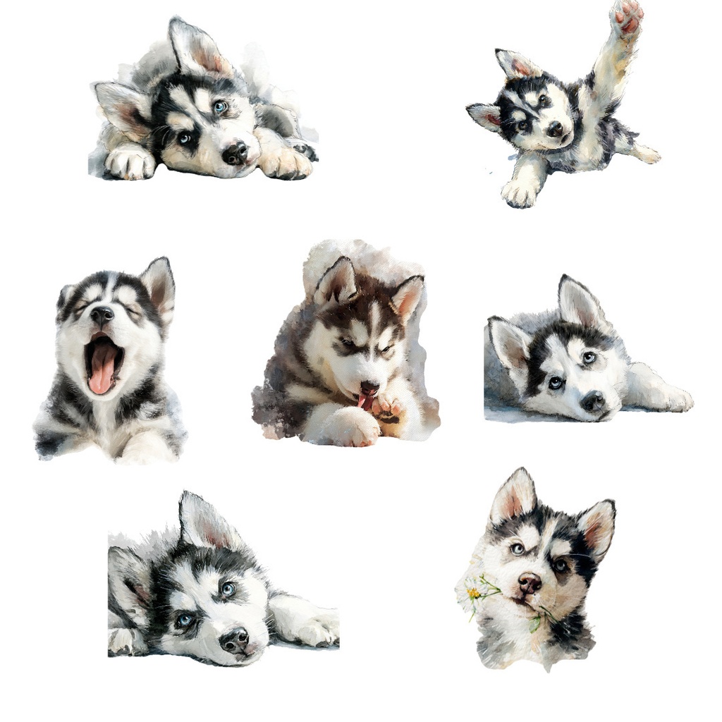 【商用利用可】ベビーハスキーの水彩クリップアート19点セット|高解像度・透過PNG|子犬素材・ペーパークラフト・ジャンクジャーナル素材