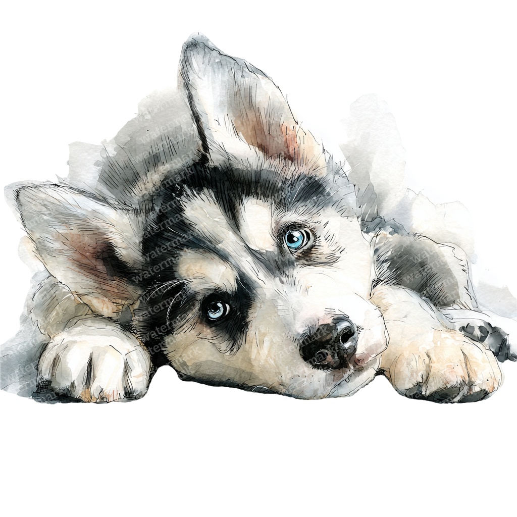 【商用利用可】ベビーハスキーの水彩クリップアート19点セット|高解像度・透過PNG|子犬素材・ペーパークラフト・ジャンクジャーナル素材
