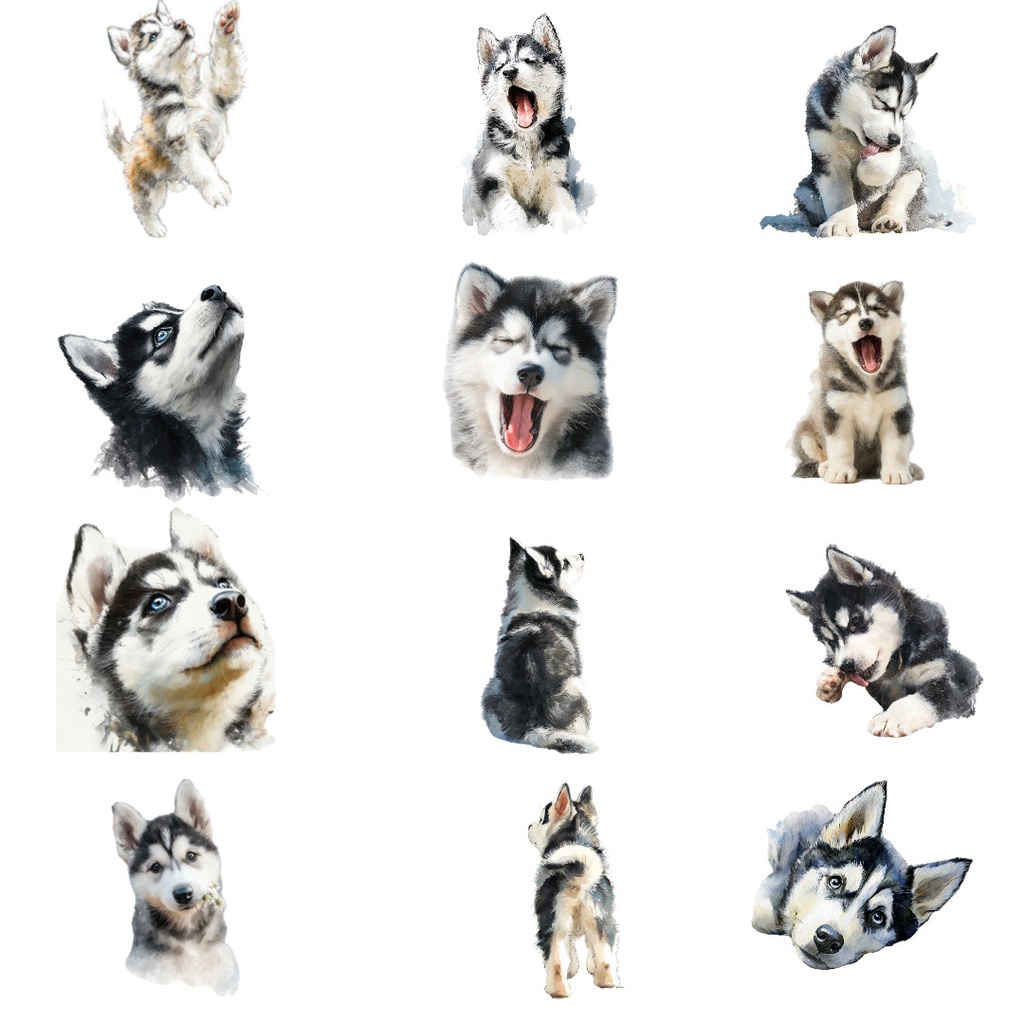 【商用利用可】ベビーハスキーの水彩クリップアート19点セット|高解像度・透過PNG|子犬素材・ペーパークラフト・ジャンクジャーナル素材