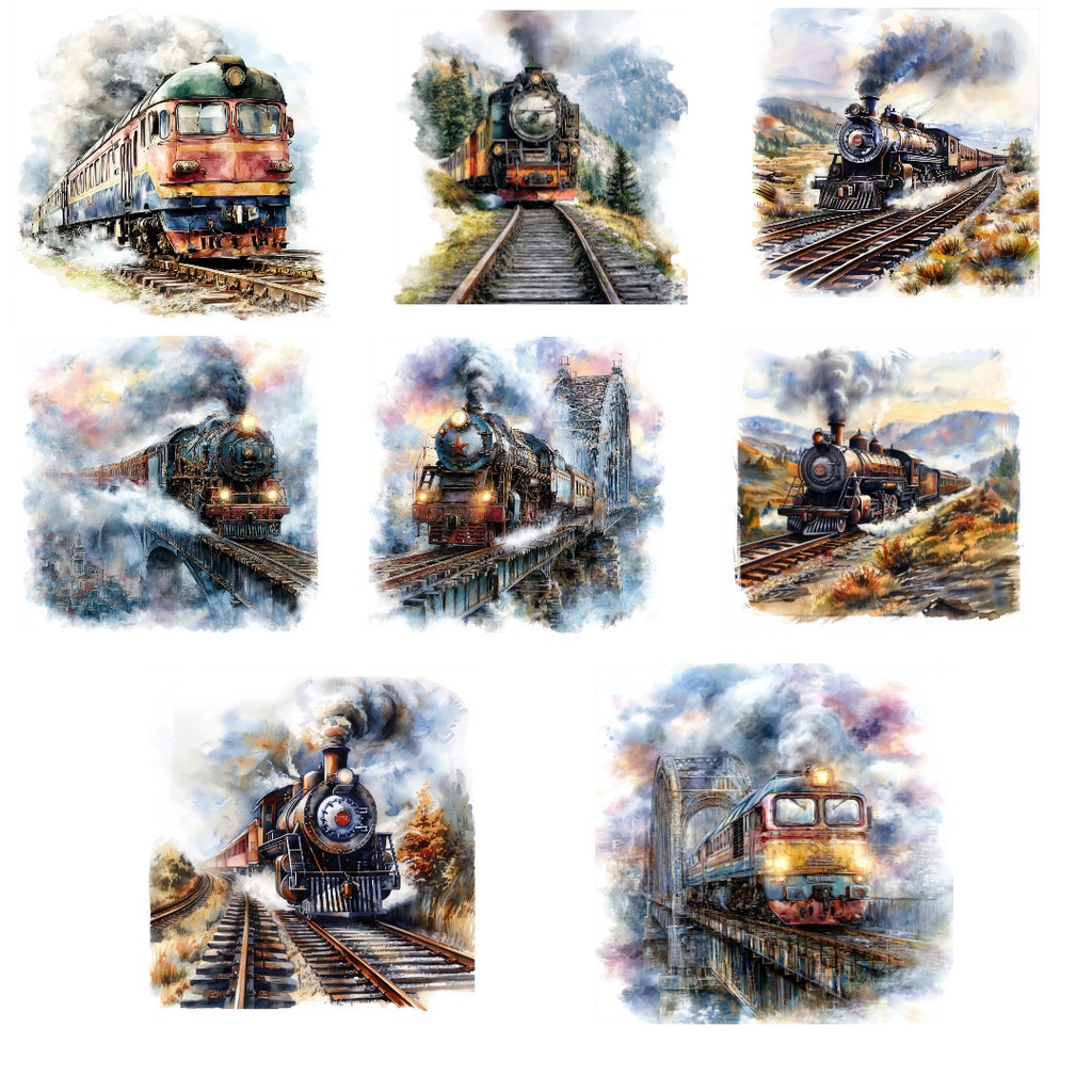 【商用利用可】列車の水彩クリップアート20点セット|高解像度JPG|乗り物・旅行素材|ペーパークラフト・ジャンクジャーナル素材