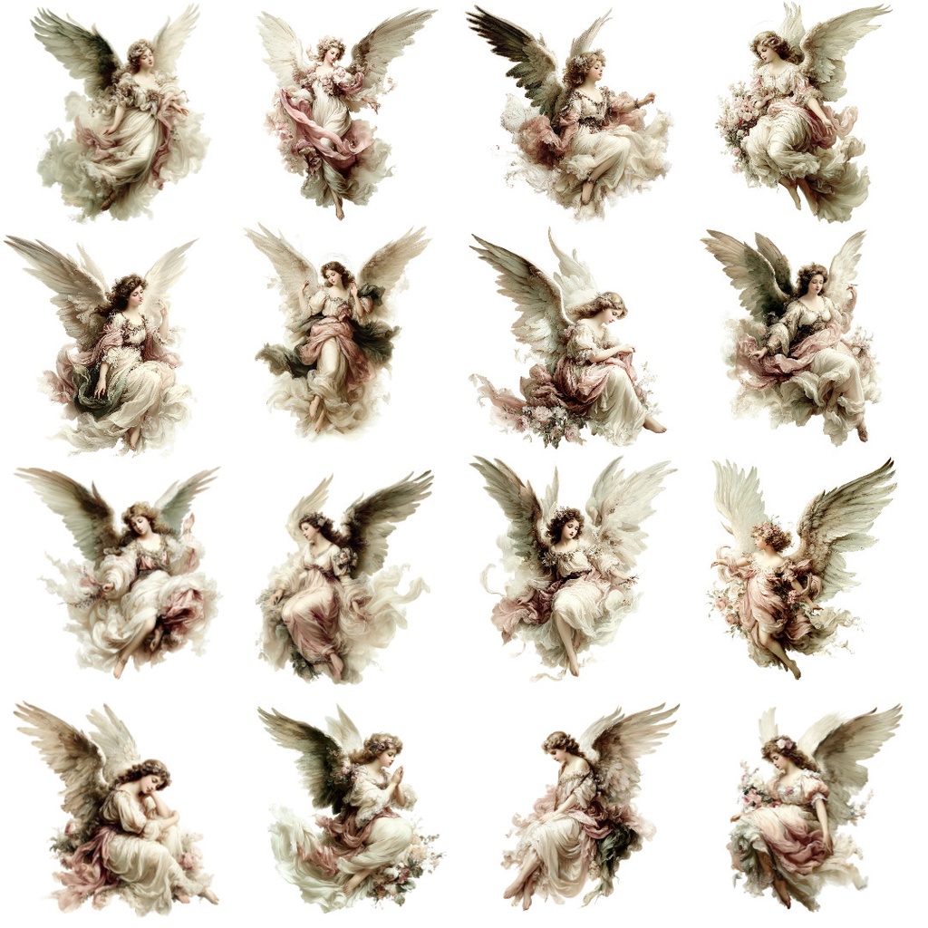 【商用利用可】ヴィンテージ天使の水彩クリップアート16点セット|高解像度・透過PNG|アンティーク・エンジェル素材|ペーパークラフト・ジャンクジャーナル素材