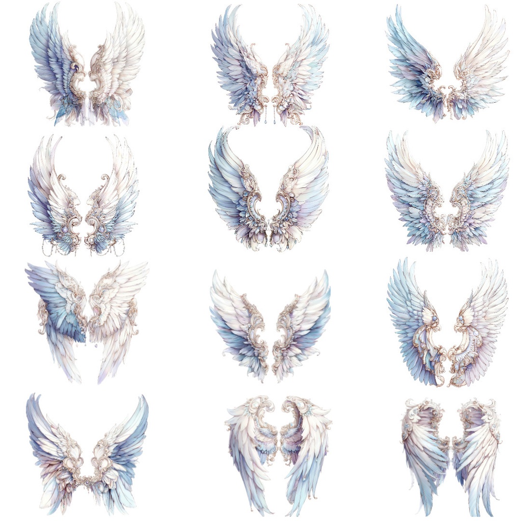 【商用利用可】天使の羽の水彩クリップアート12点セット|高解像度・透過PNG|エンジェルウィング素材・ペーパークラフト・ジャンクジャーナル素材