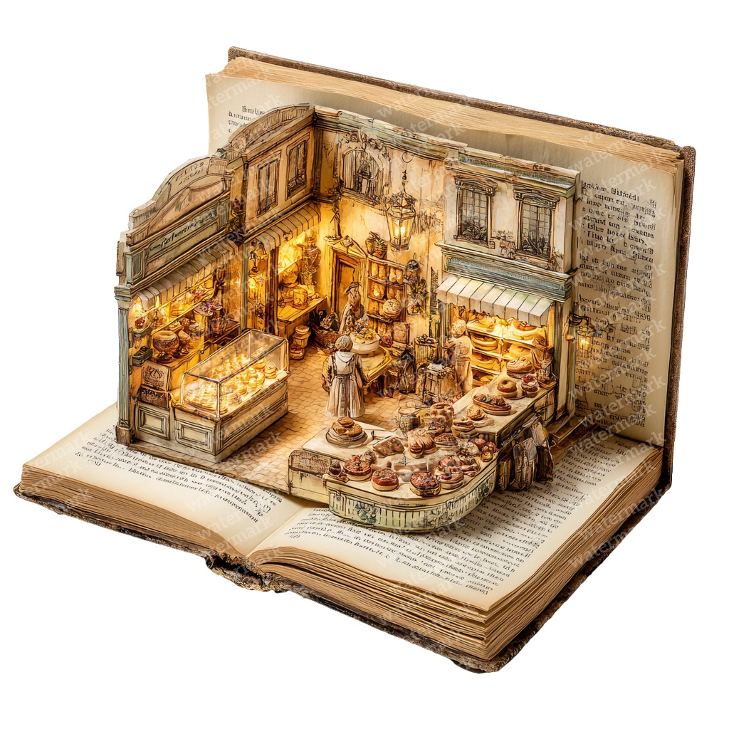 【商用利用可】ミニチュア書店の水彩クリップアート27点セット|高解像度・透過PNG|ドールハウス・ブックショップ素材|ペーパークラフト・ジャンクジャーナル素材
