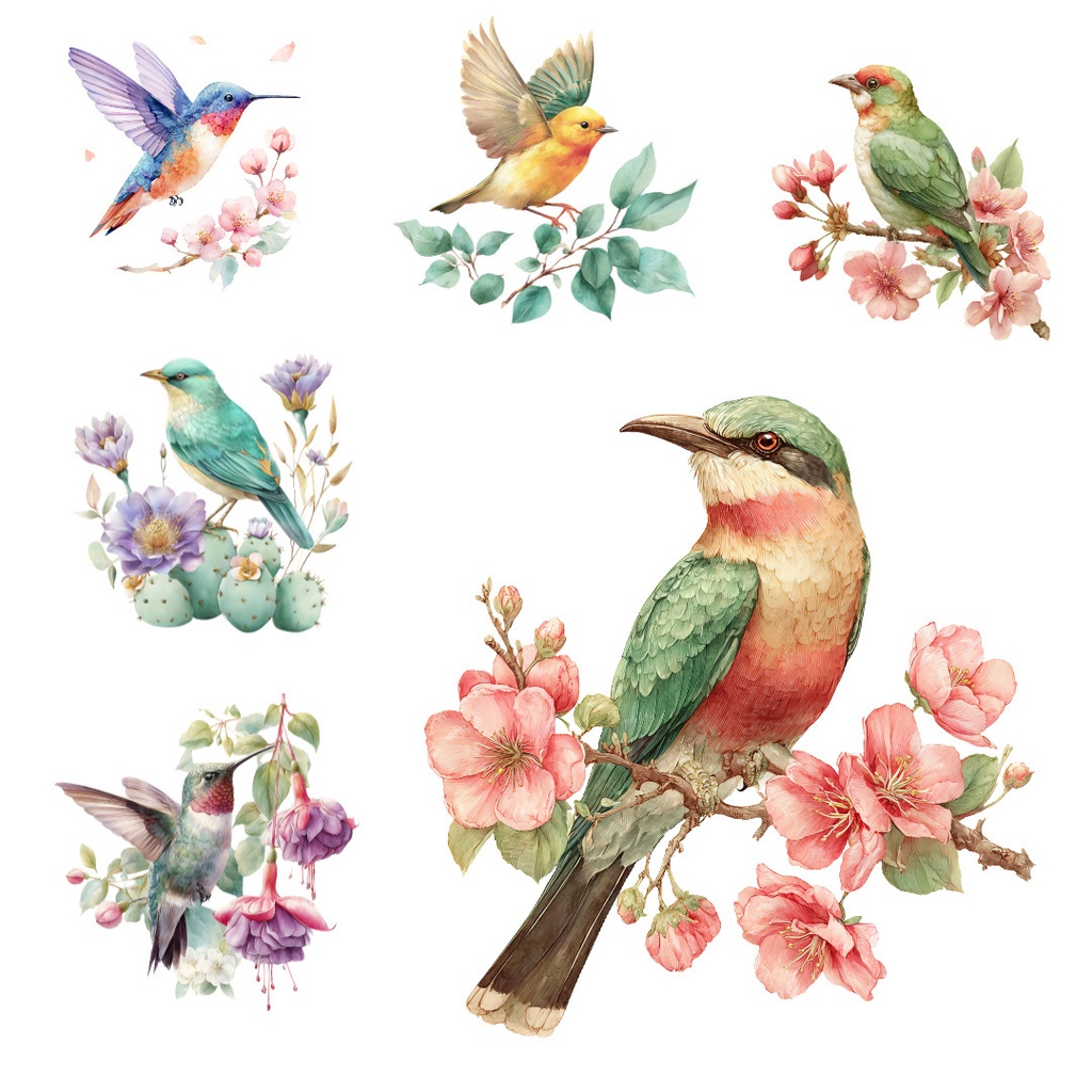 【商用利用可】カラフルな鳥の水彩クリップアート18点セット|高解像度・透過PNG|バード・ナチュラル素材|ペーパークラフト・ジャンクジャーナル素材