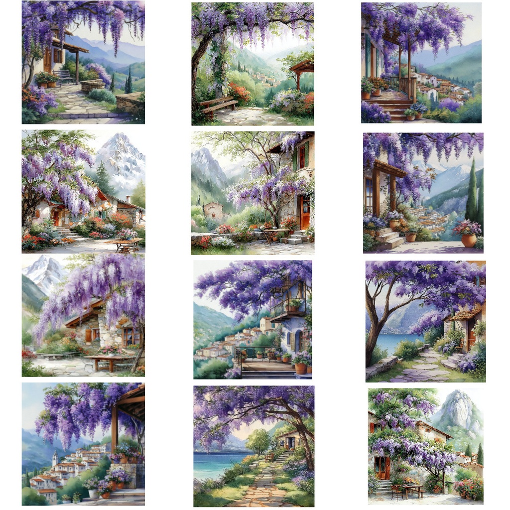 【商用利用可】藤の花風景の水彩クリップアート40点セット|高解像度JPG|和風・ナチュラルランドスケープ素材|ペーパークラフト・ジャンクジャーナル素材