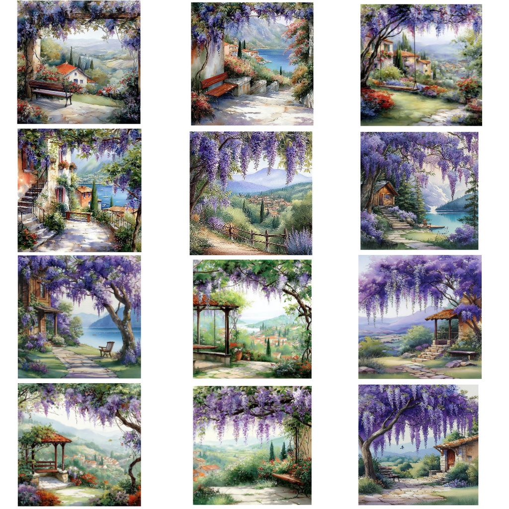 【商用利用可】藤の花風景の水彩クリップアート40点セット|高解像度JPG|和風・ナチュラルランドスケープ素材|ペーパークラフト・ジャンクジャーナル素材
