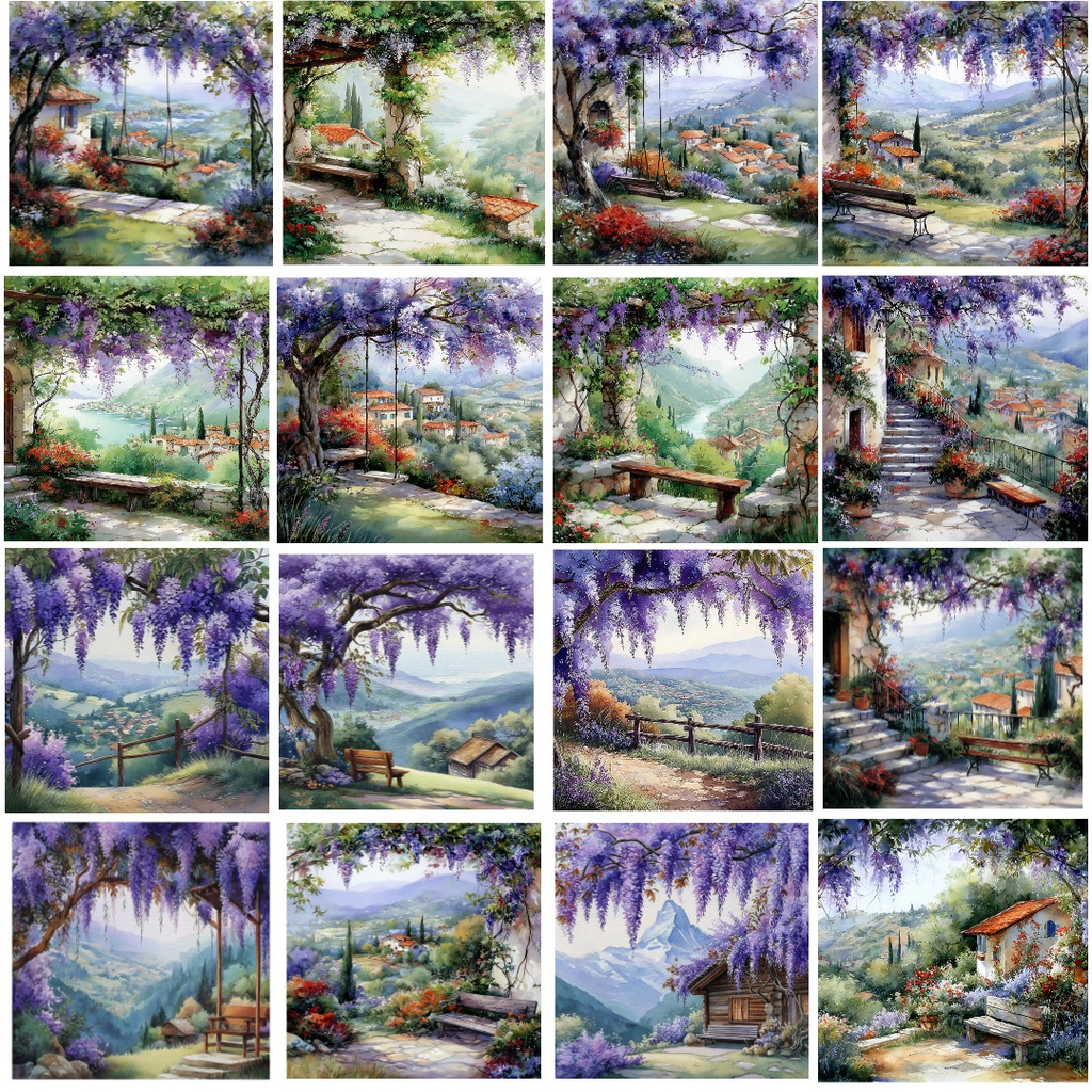 【商用利用可】藤の花風景の水彩クリップアート40点セット|高解像度JPG|和風・ナチュラルランドスケープ素材|ペーパークラフト・ジャンクジャーナル素材