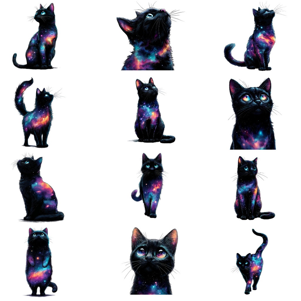 【商用利用可】ギャラクシーキャットの水彩クリップアート20点セット|高解像度・透過PNG|宇宙猫・ファンタジー素材|ペーパークラフト・ジャンクジャーナル素材