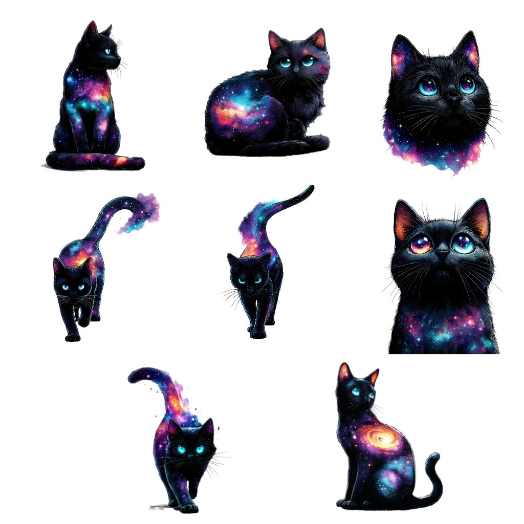 【商用利用可】ギャラクシーキャットの水彩クリップアート20点セット|高解像度・透過PNG|宇宙猫・ファンタジー素材|ペーパークラフト・ジャンクジャーナル素材
