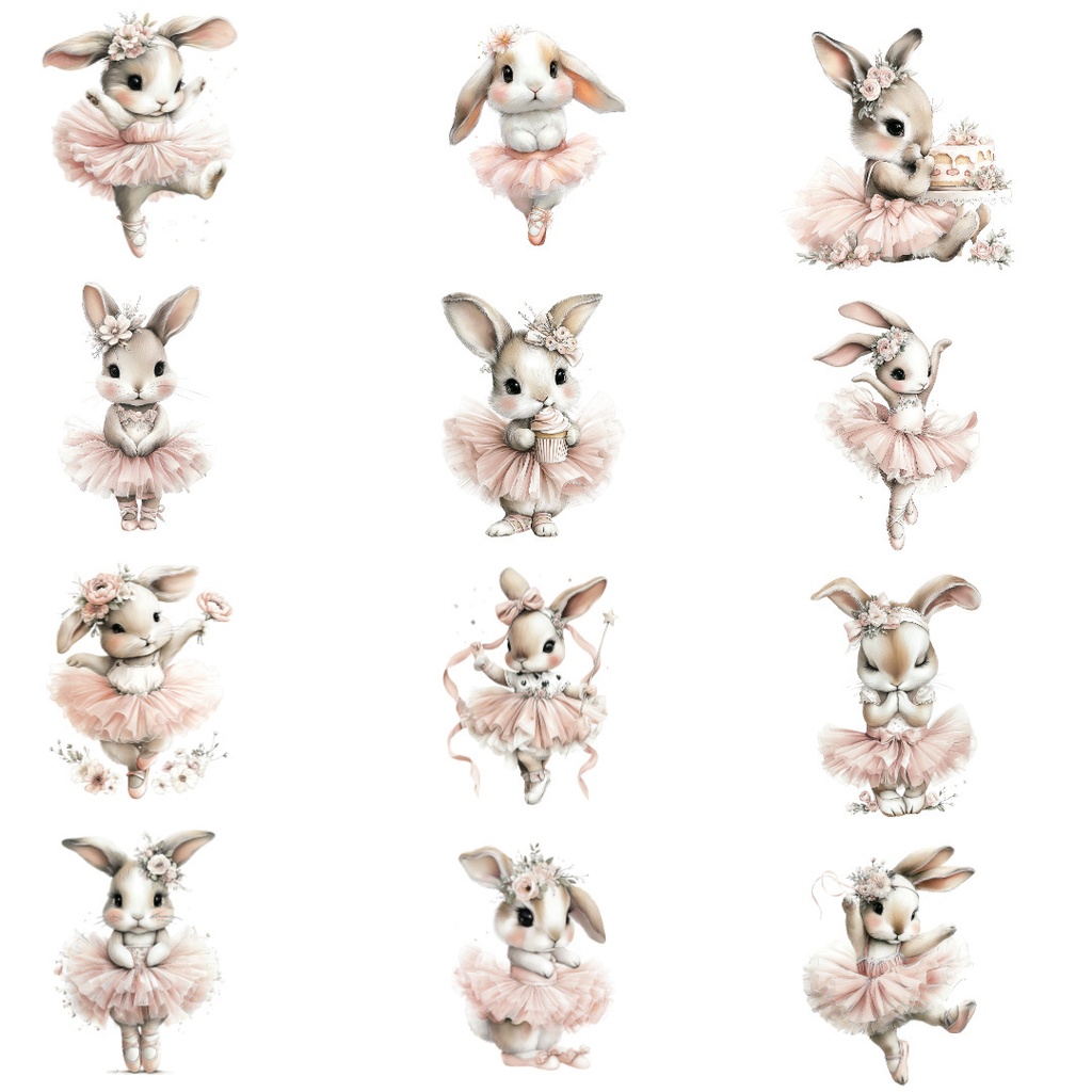 【商用利用可】バレリーナうさぎの水彩クリップアート18点セット|高解像度・透過PNG|バレエ・アニマルファンタジー素材|ペーパークラフト・ジャンクジャーナル素材