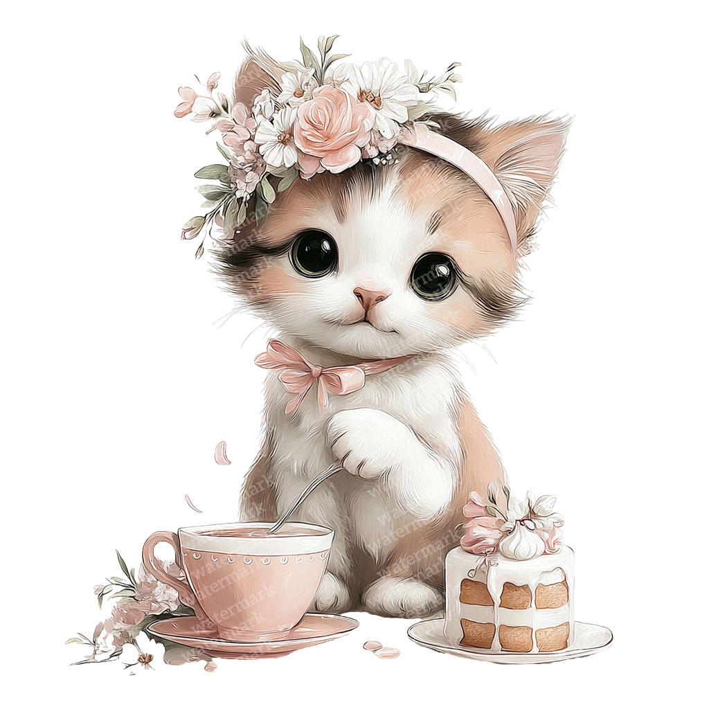 【商用利用可】子猫のティーパーティー水彩クリップアート20点セット|高解像度・透過PNG|猫・ティータイム・ファンタジー素材|ペーパークラフト・ジャンクジャーナル素材