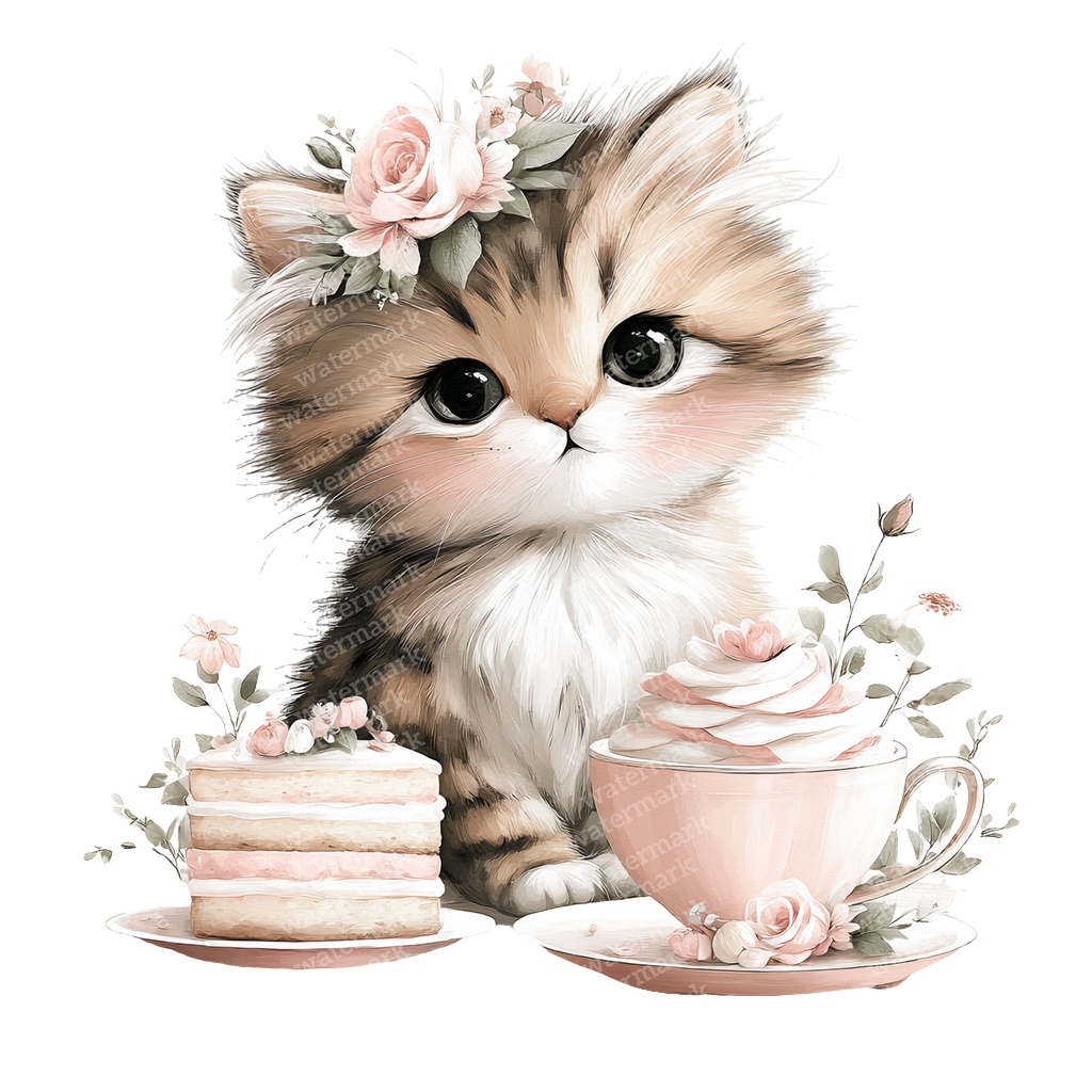 【商用利用可】子猫のティーパーティー水彩クリップアート20点セット|高解像度・透過PNG|猫・ティータイム・ファンタジー素材|ペーパークラフト・ジャンクジャーナル素材