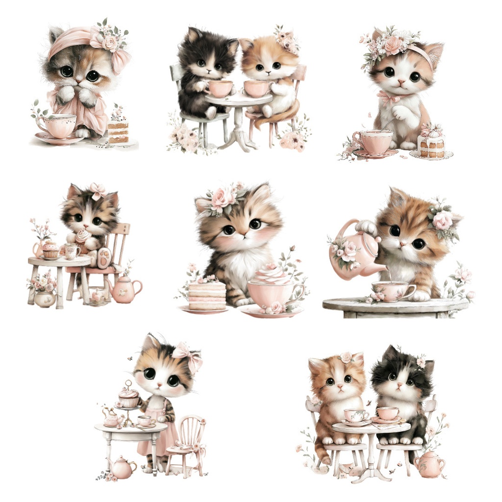 【商用利用可】子猫のティーパーティー水彩クリップアート20点セット|高解像度・透過PNG|猫・ティータイム・ファンタジー素材|ペーパークラフト・ジャンクジャーナル素材