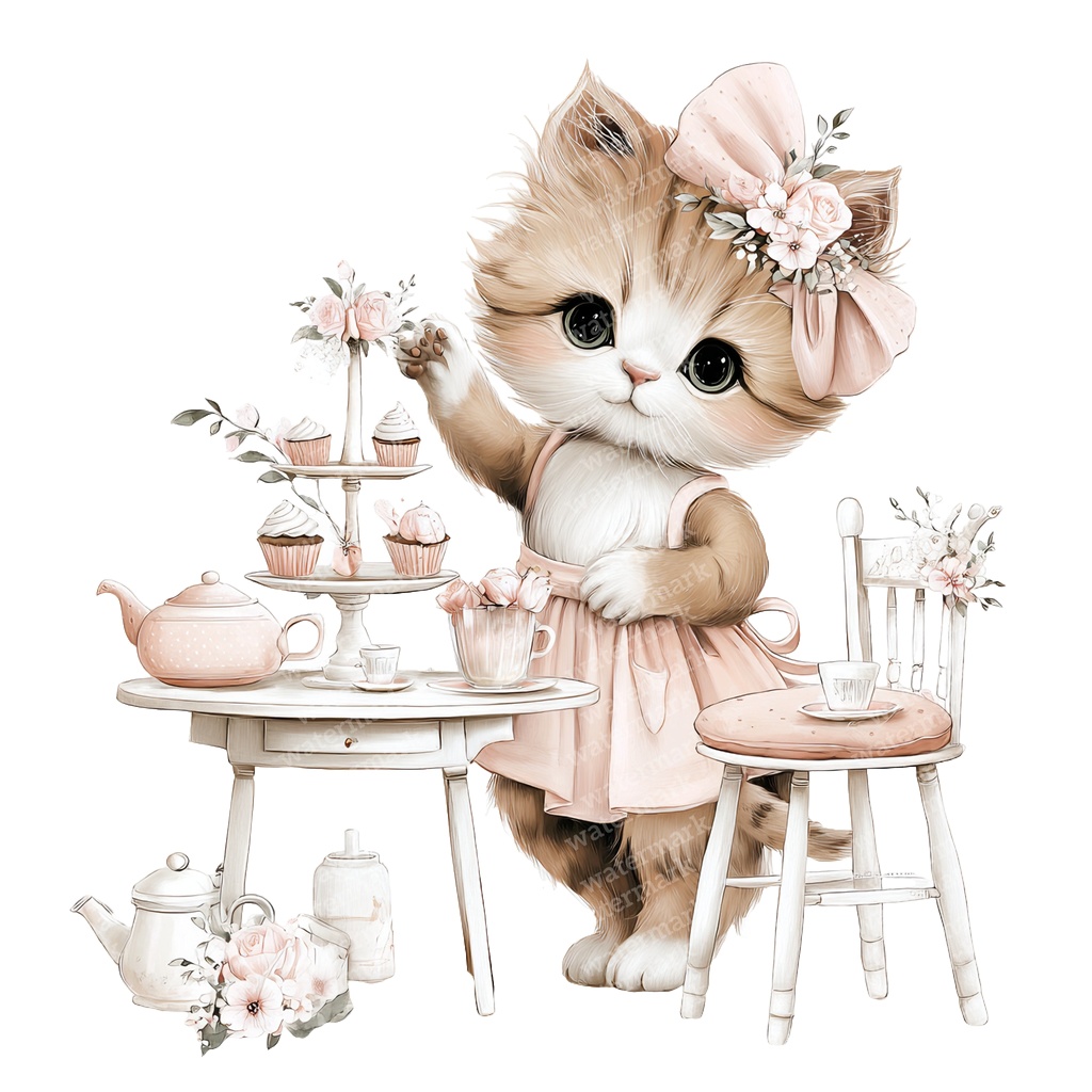 【商用利用可】子猫のティーパーティー水彩クリップアート20点セット|高解像度・透過PNG|猫・ティータイム・ファンタジー素材|ペーパークラフト・ジャンクジャーナル素材