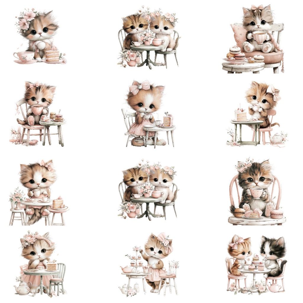 【商用利用可】子猫のティーパーティー水彩クリップアート20点セット|高解像度・透過PNG|猫・ティータイム・ファンタジー素材|ペーパークラフト・ジャンクジャーナル素材