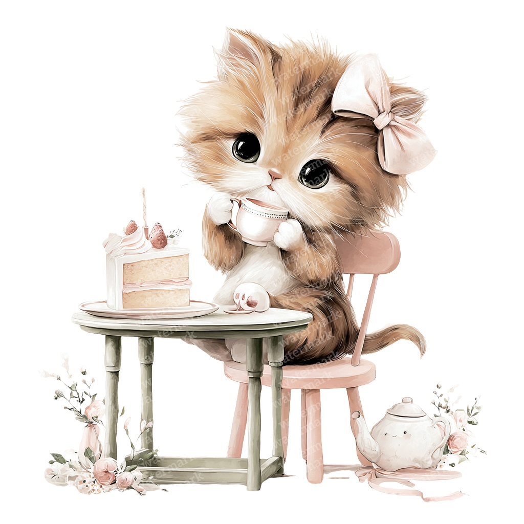 【商用利用可】子猫のティーパーティー水彩クリップアート20点セット|高解像度・透過PNG|猫・ティータイム・ファンタジー素材|ペーパークラフト・ジャンクジャーナル素材